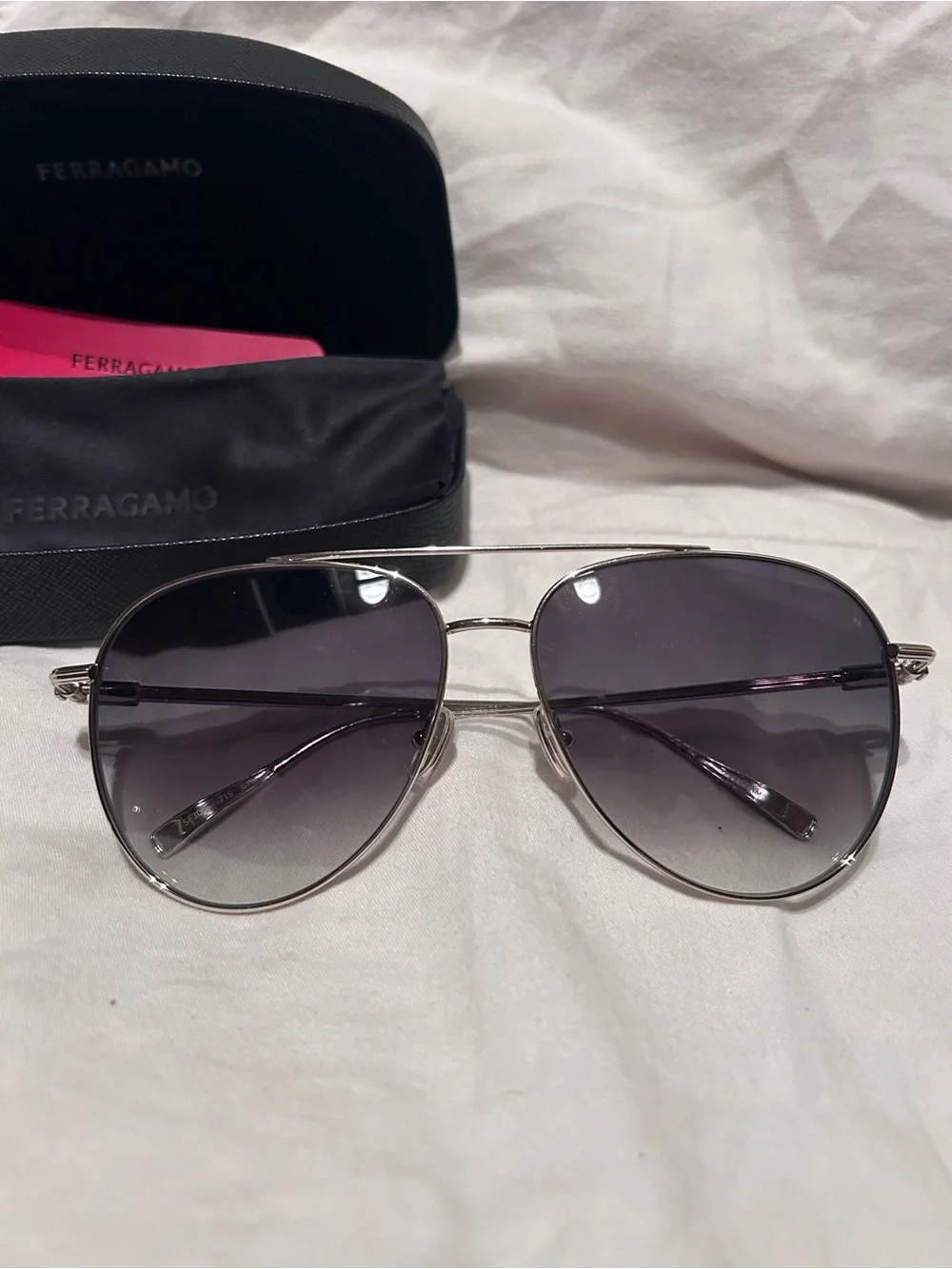 Salvatore Ferragamo Silver Metal Aviator Sunglasses with Gray Gradient Lenses